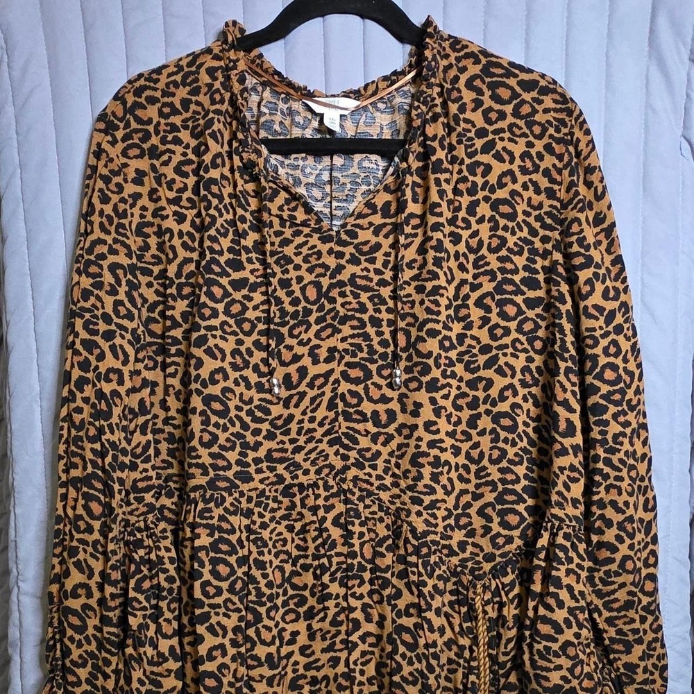 Time and Tru Leopard Print Peasant Top XXL 20 Brown Long Sleeve Ruffle Blouse